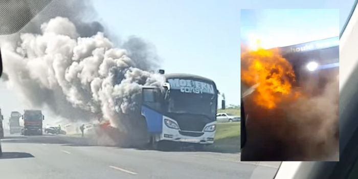 Modern Coast Bus Engulfed in Flames Along Nakuru-Nairobi Highway Near Gilgil