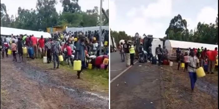 Chaos as Kenyans Siphon Fuel from Overturned Tanker on Eldoret-Malaba Highway